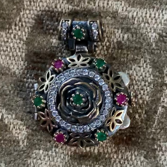 Ruby Emerald Topaz Silver Locket Pendant Celtic Infinity Knots, Lotus & Rose - Picture 6 of 11